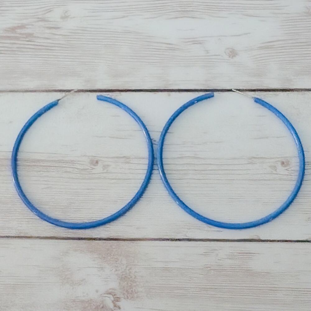 Vintage Stud Earrings Extra Large 2 & 1/8" Retro Blue Hoops